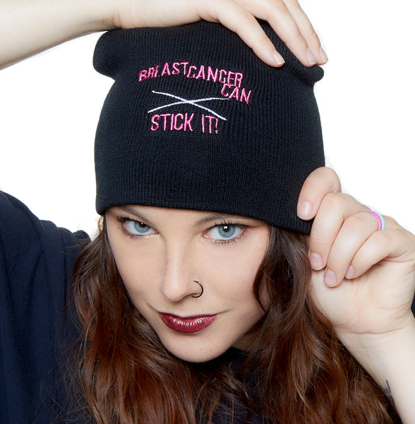 Beanie Knit Hat - Breast Cancer Can Stick It!